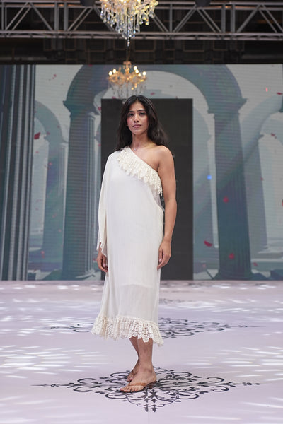 Plissé Asymmetrical Dress with Lace Edges