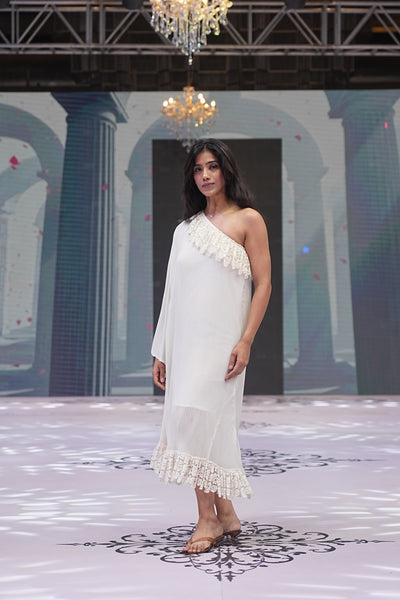 Plissé Asymmetrical Dress with Lace Edges