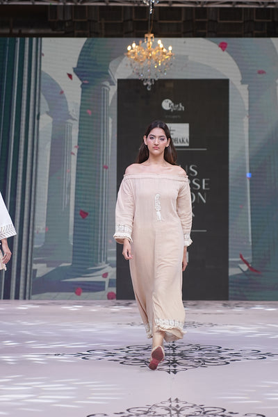 Beige Nude Embroidered Column Dress