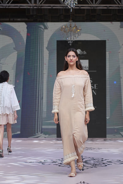 Beige Nude Embroidered Column Dress
