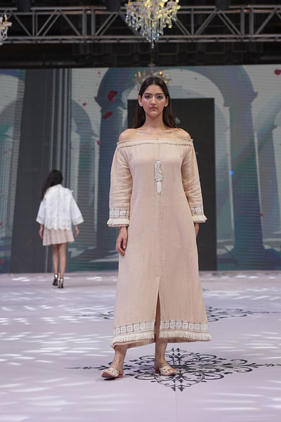 Beige Nude Embroidered Column Dress