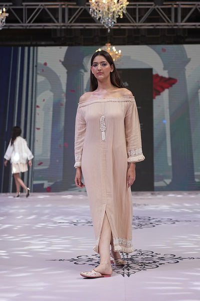 Beige Nude Embroidered Column Dress