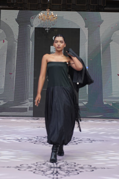 Black Bubble-Hem Silk Waist Dress & Heavy Poplin Embroidered Top