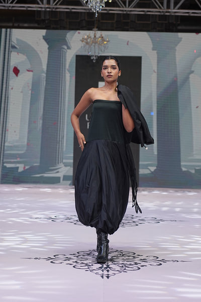 Black Bubble-Hem Silk Waist Dress & Heavy Poplin Embroidered Top