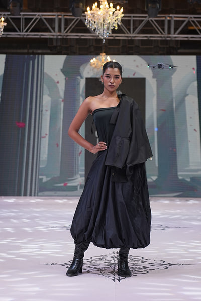 Black Bubble-Hem Silk Waist Dress & Heavy Poplin Embroidered Top
