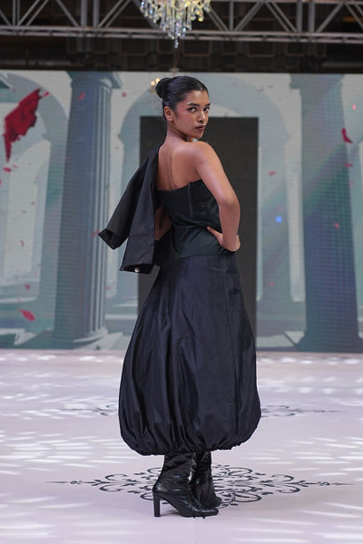 Black Bubble-Hem Silk Waist Dress & Heavy Poplin Embroidered Top