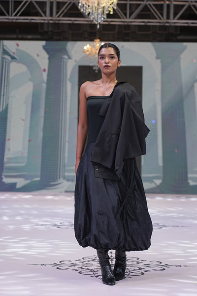 Black Bubble-Hem Silk Waist Dress & Heavy Poplin Embroidered Top