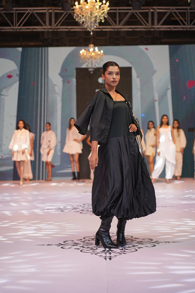 Black Bubble-Hem Silk Waist Dress & Heavy Poplin Embroidered Top