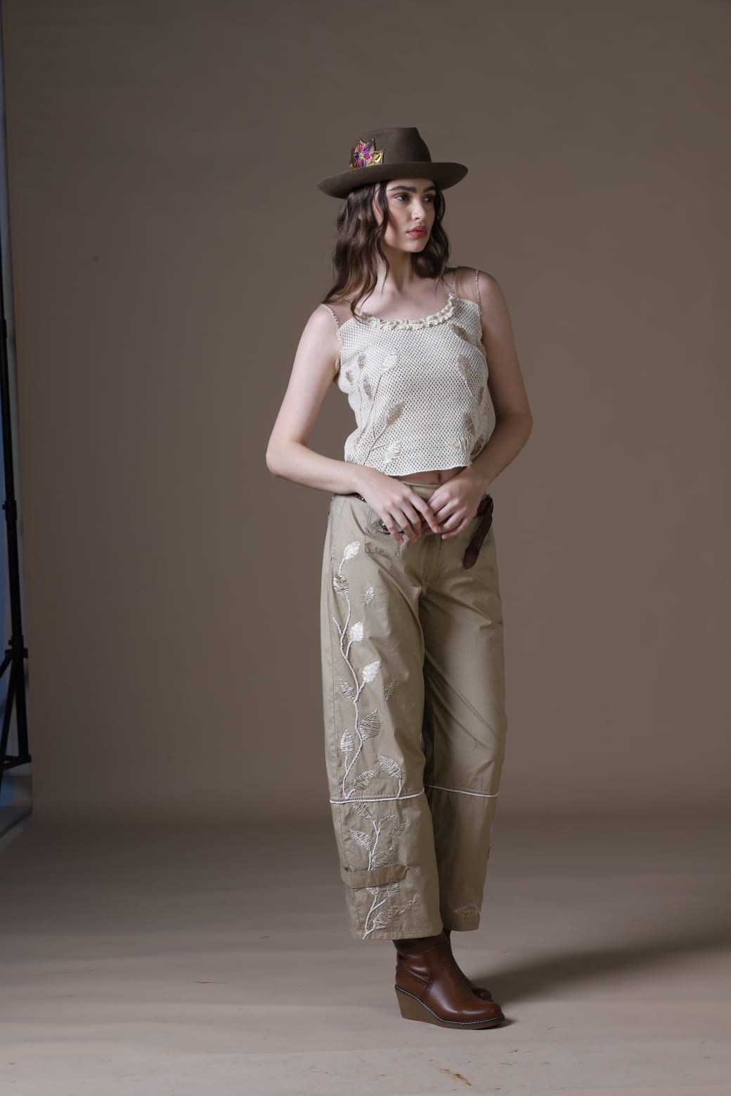 Artisanal Zardozi Embroidered Khaki Poplin 3-Piece Set