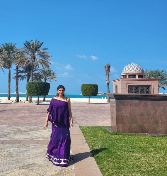 Purple Silk Skirt Lehnga with Purple Bustier/ With Asymmetrical Top In Chinos With Patti Work Application