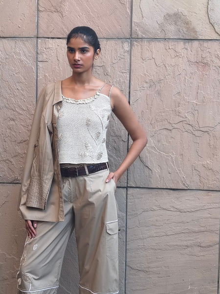 Artisanal Zardozi Embroidered Khaki Poplin 3-Piece Set