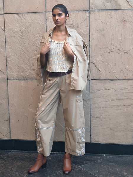 Artisanal Zardozi Embroidered Khaki Poplin 3-Piece Set