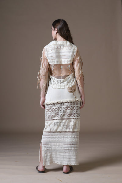 Cotton Lace Crochet Patchwork Maxi Skirt & Cutwork Blouse Set