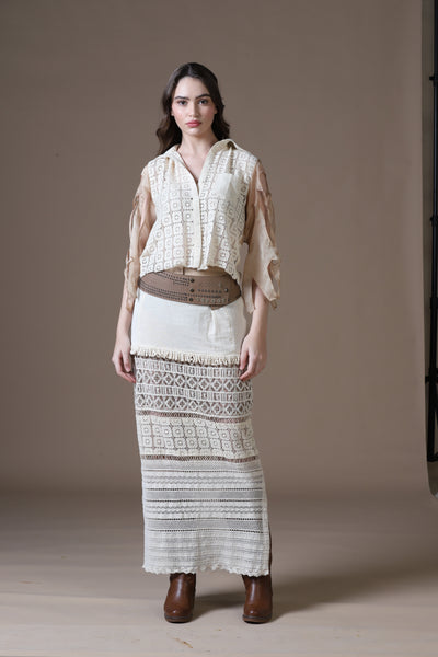 Cotton Lace Crochet Patchwork Maxi Skirt & Cutwork Blouse Set
