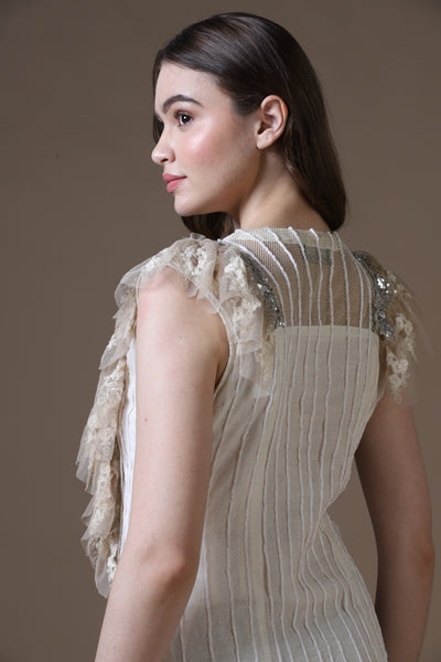 Velour Thread Cotton Maxi Dress & Tasseled Net Gilet Ensemble