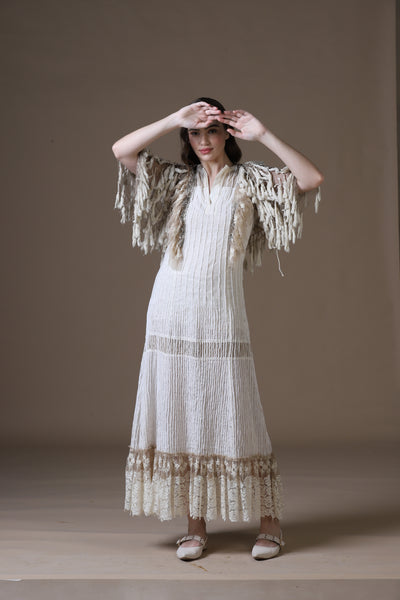 Velour Thread Cotton Maxi Dress & Tasseled Net Gilet Ensemble