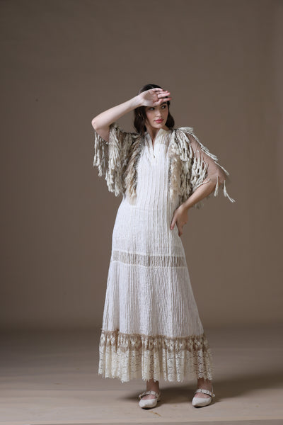 Velour Thread Cotton Maxi Dress & Tasseled Net Gilet Ensemble