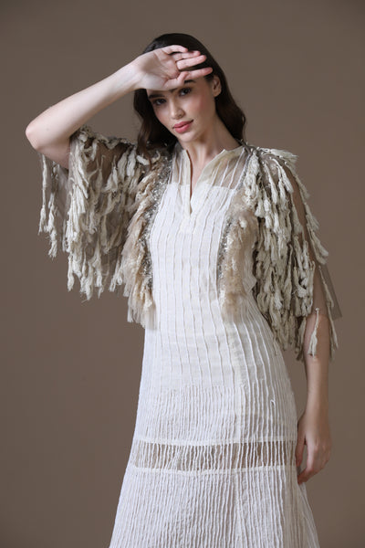 Velour Thread Cotton Maxi Dress & Tasseled Net Gilet Ensemble