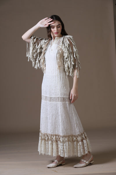 Velour Thread Cotton Maxi Dress & Tasseled Net Gilet Ensemble