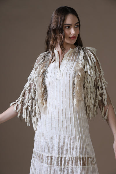 Velour Thread Cotton Maxi Dress & Tasseled Net Gilet Ensemble