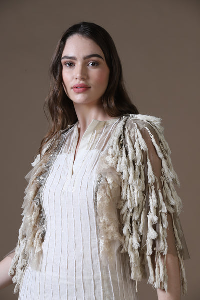 Velour Thread Cotton Maxi Dress & Tasseled Net Gilet Ensemble