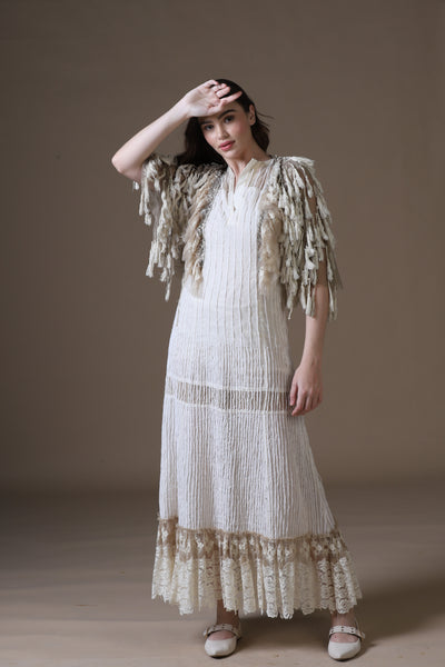 Velour Thread Cotton Maxi Dress & Tasseled Net Gilet Ensemble