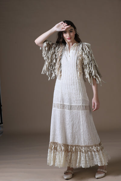 Velour Thread Cotton Maxi Dress & Tasseled Net Gilet Ensemble