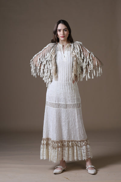 Velour Thread Cotton Maxi Dress & Tasseled Net Gilet Ensemble