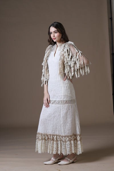 Velour Thread Cotton Maxi Dress & Tasseled Net Gilet Ensemble