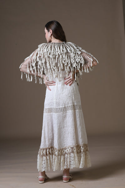 Velour Thread Cotton Maxi Dress & Tasseled Net Gilet Ensemble