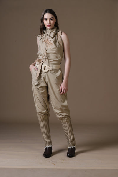 Khaki Poplin Jodhpur-Style Pants & Embroidered Cowl Blouse Set