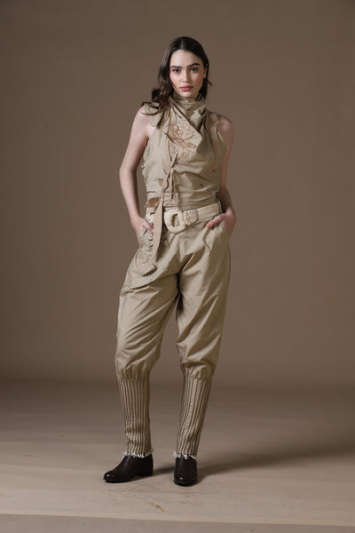 Khaki Poplin Jodhpur-Style Pants & Embroidered Cowl Blouse Set