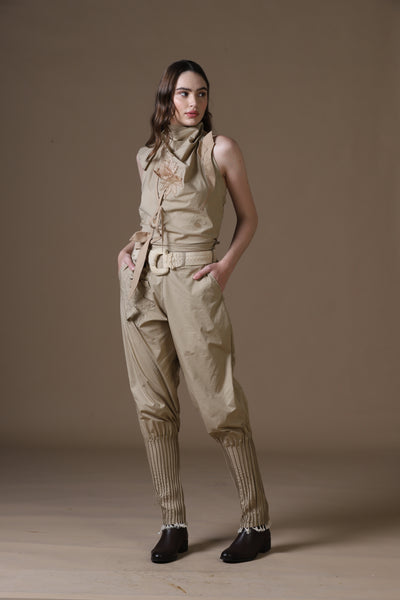 Khaki Poplin Jodhpur-Style Pants & Embroidered Cowl Blouse Set