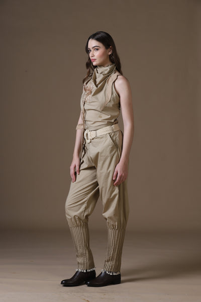 Khaki Poplin Jodhpur-Style Pants & Embroidered Cowl Blouse Set