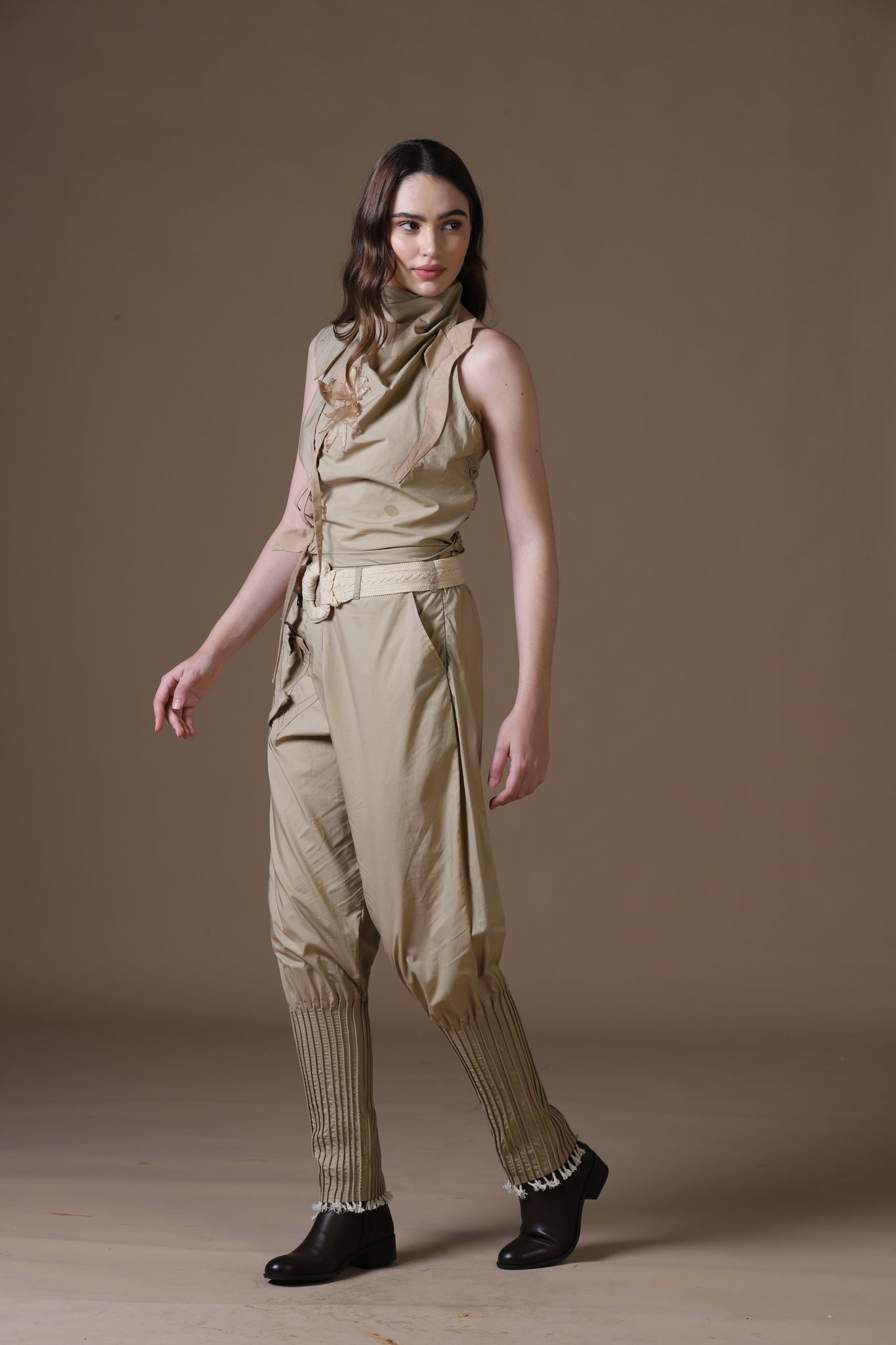 Khaki Poplin Jodhpur-Style Pants & Embroidered Cowl Blouse Set