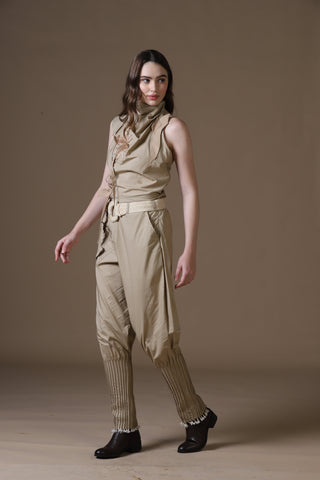 Khaki Poplin Jodhpur-Style Pants & Embroidered Cowl Blouse Set