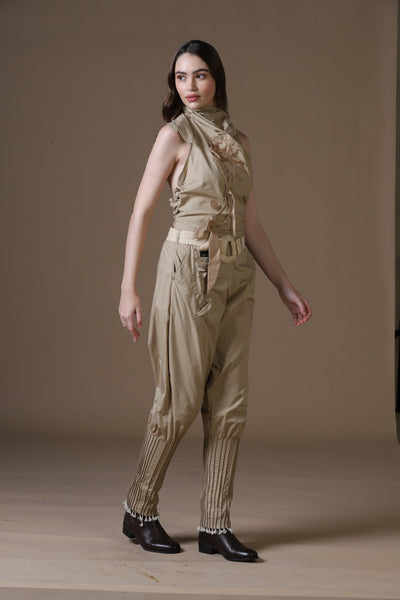 Khaki Poplin Jodhpur-Style Pants & Embroidered Cowl Blouse Set