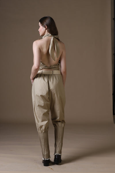 Khaki Poplin Jodhpur-Style Pants & Embroidered Cowl Blouse Set