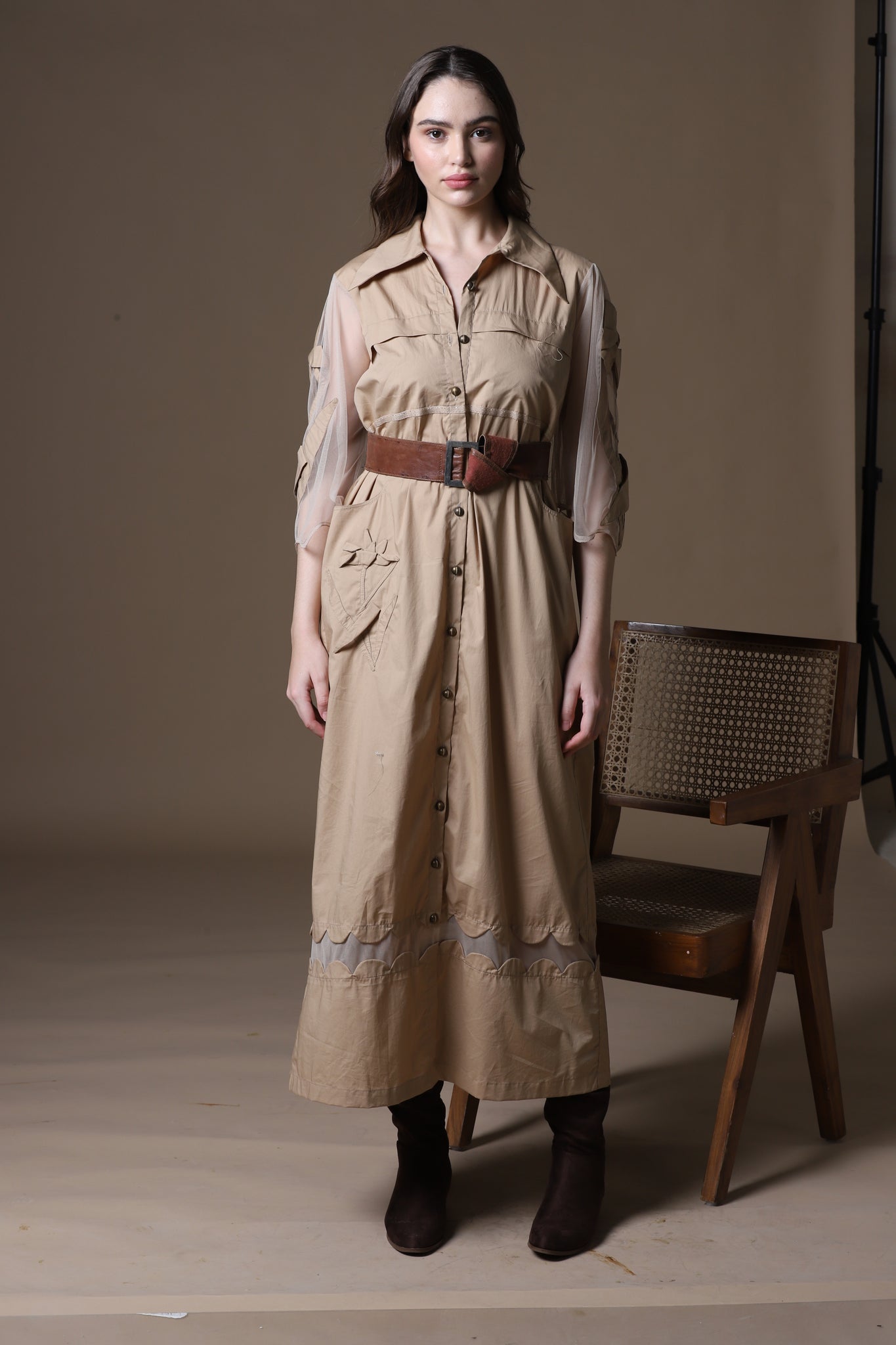 Khaki Poplin Shirt Dress with Sheer Appliqué and 3D Taj Bootie Embroidery