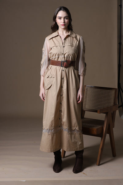 Khaki Poplin Shirt Dress with Sheer Appliqué and 3D Taj Bootie Embroidery
