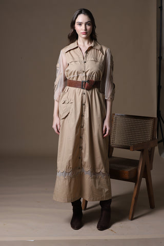 Khaki Poplin Shirt Dress with Sheer Appliqué and 3D Taj Bootie Embroidery