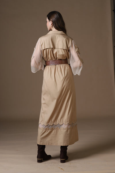 Khaki Poplin Shirt Dress with Sheer Appliqué and 3D Taj Bootie Embroidery