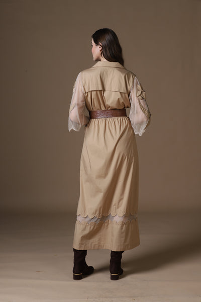 Khaki Poplin Shirt Dress with Sheer Appliqué and 3D Taj Bootie Embroidery