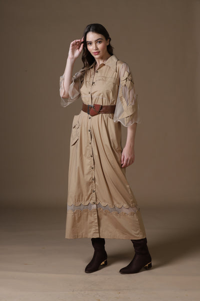 Khaki Poplin Shirt Dress with Sheer Appliqué and 3D Taj Bootie Embroidery