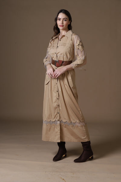 Khaki Poplin Shirt Dress with Sheer Appliqué and 3D Taj Bootie Embroidery
