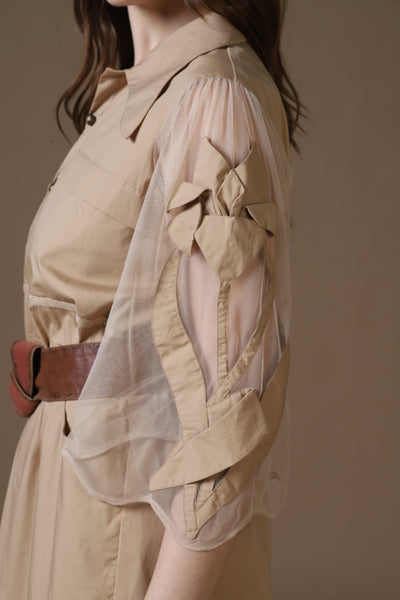 Khaki Poplin Shirt Dress with Sheer Appliqué and 3D Taj Bootie Embroidery