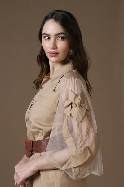 Khaki Poplin Shirt Dress with Sheer Appliqué and 3D Taj Bootie Embroidery