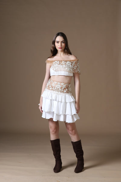 Artisan Taj Motif Embroidered Crop Top & Tiered Mini Skirt Set