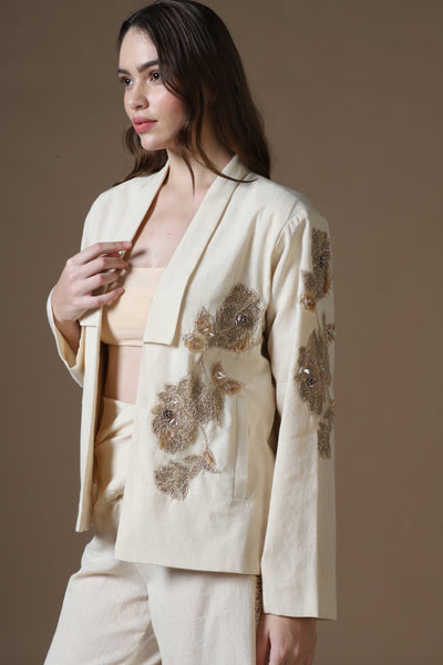 Artisanal Hand-Embroidered Open Kimono Jacket & Cream Handloom Trousers Set