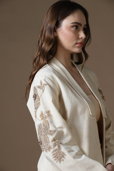 Artisanal Hand-Embroidered Open Kimono Jacket & Cream Handloom Trousers Set